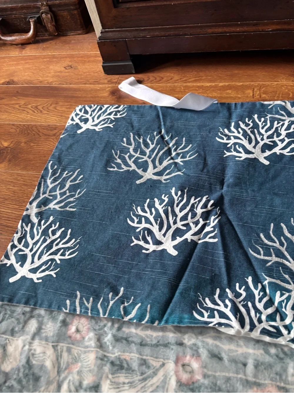 LF Navy Blue Curtain Panel with White Coral Motif ribbon  valance